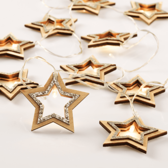 "Wooden Silver Glitter Stars"