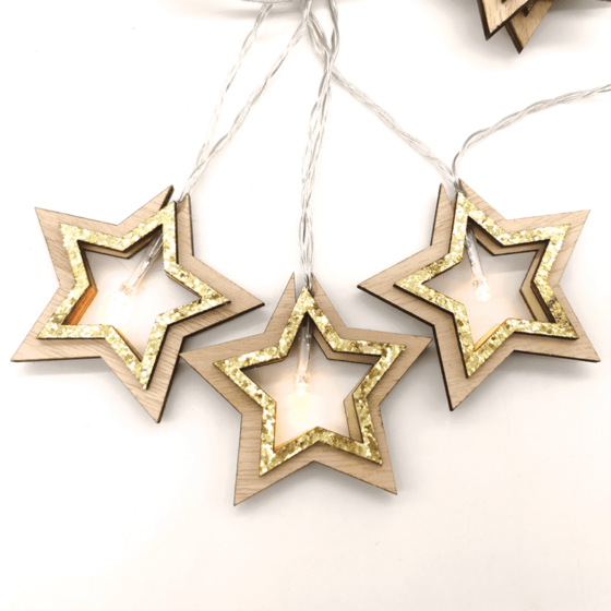 "Wooden Gold Glitter Stars"