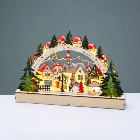 Wooden Xmas Village 12 Led Θερμα Σταθερα Ip20 Διακοσμητικο Μπατ 2Χααα 38X5X21.5Cm